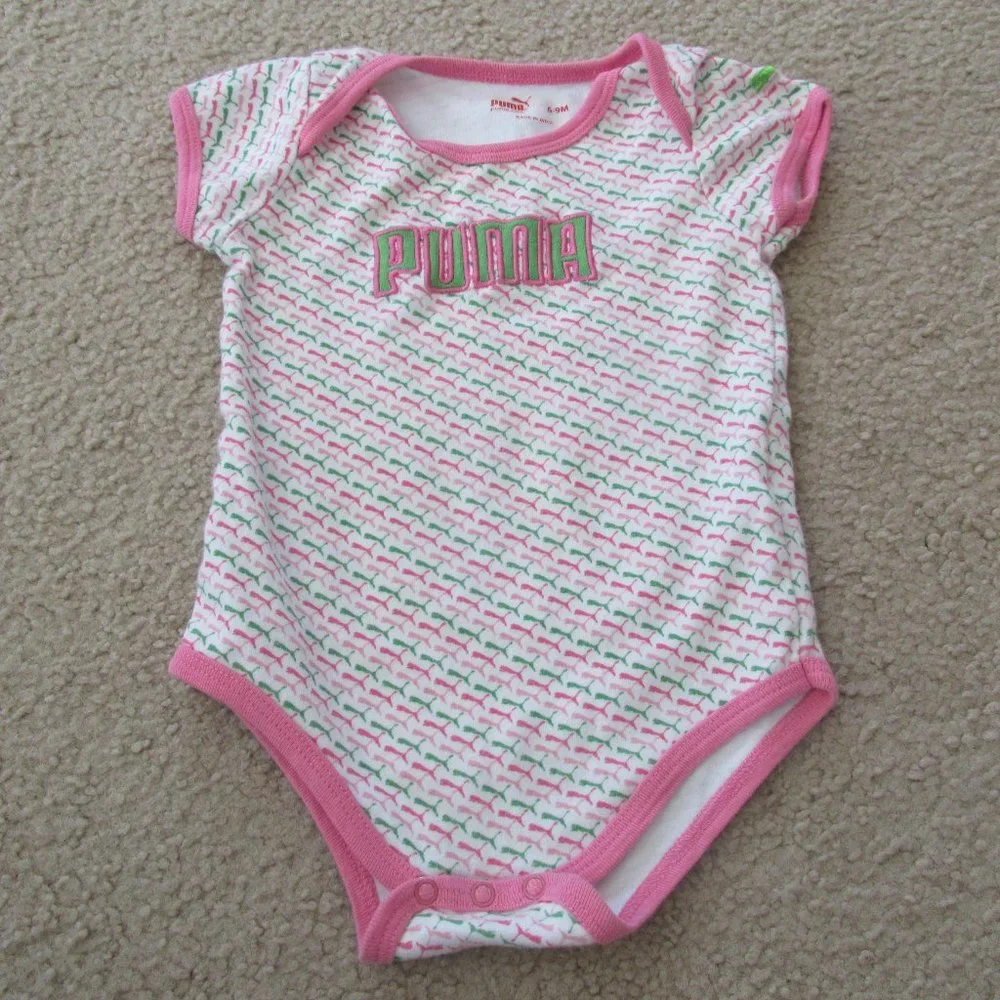 Puma One Piece Bodysuit Infant Girls Size‎ 6-9M Pink White Striped Short Sleeve